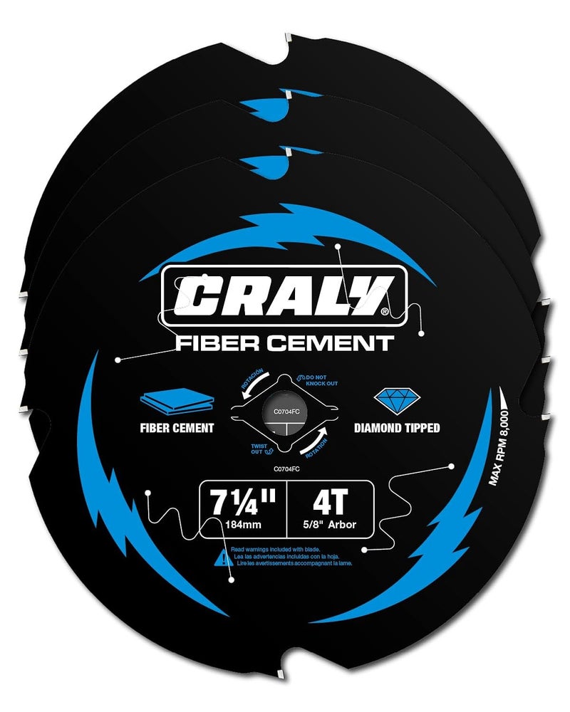 CRALY 7-1/4 Inch 4 Teeth Hardie Fiber Cement Circular Saw Blade, 5/8 Inch Arbor, Polycrystalline Diamond Tipped (PCD), Thin Kerf, Black Ice™ Coating, for Laminate Flooring, 3-Pack(C0704FC-3) - Image 1